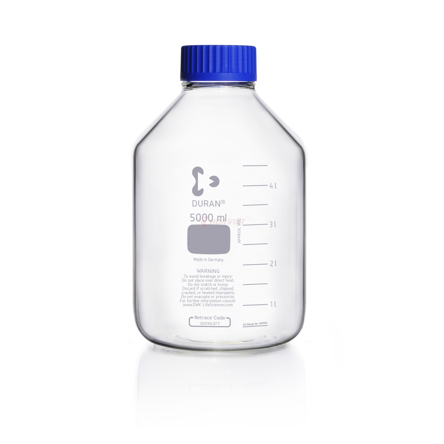 Chai thủy tinh phòng thí nghiệm DURAN® GLS 80 cổ rộng 5000 ml, kèm nắp vặn và vòng rót