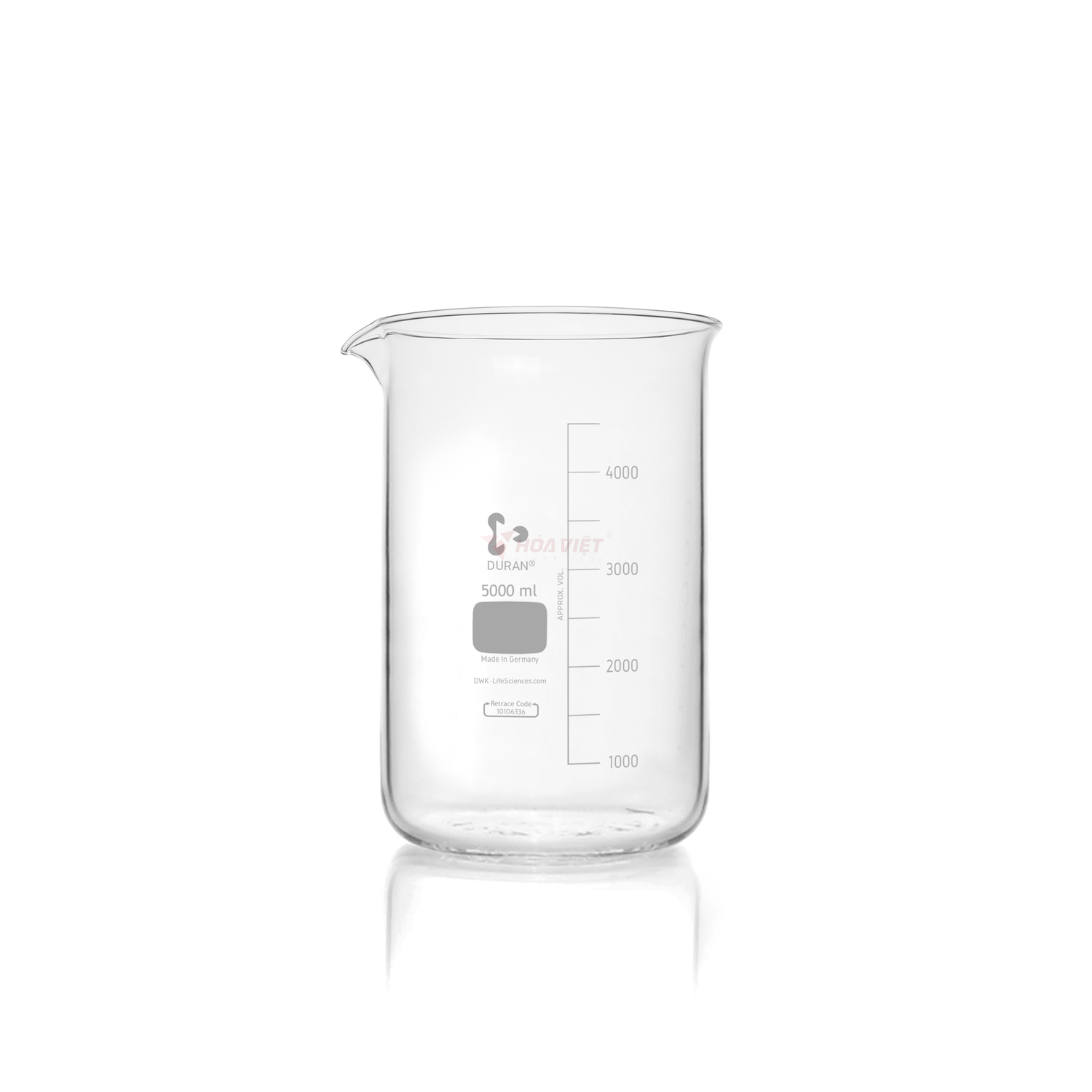 Cốc thủy tinh thí nghiệm DURAN® 5000 ml dạng thấp, có vạch chia và mỏ rót Cốc thủy tinh thí nghiệm DURAN® 5000 ml dạng thấp, có vạch chia và mỏ rót