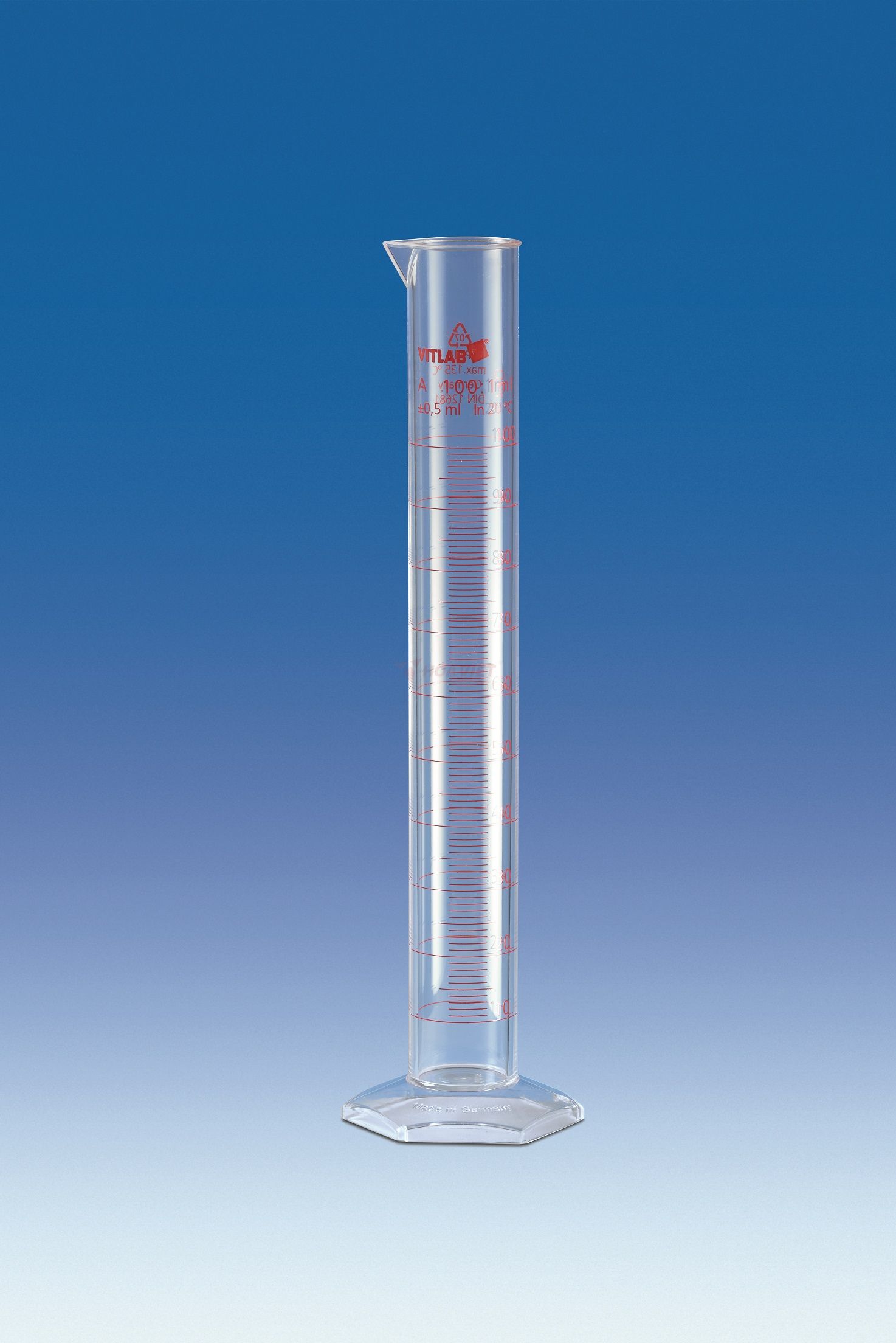 Ống đong nhựa PMP Vitlab 1000ml vạch nổi class A Ống đong nhựa PMP Vitlab 1000ml vạch nổi class A