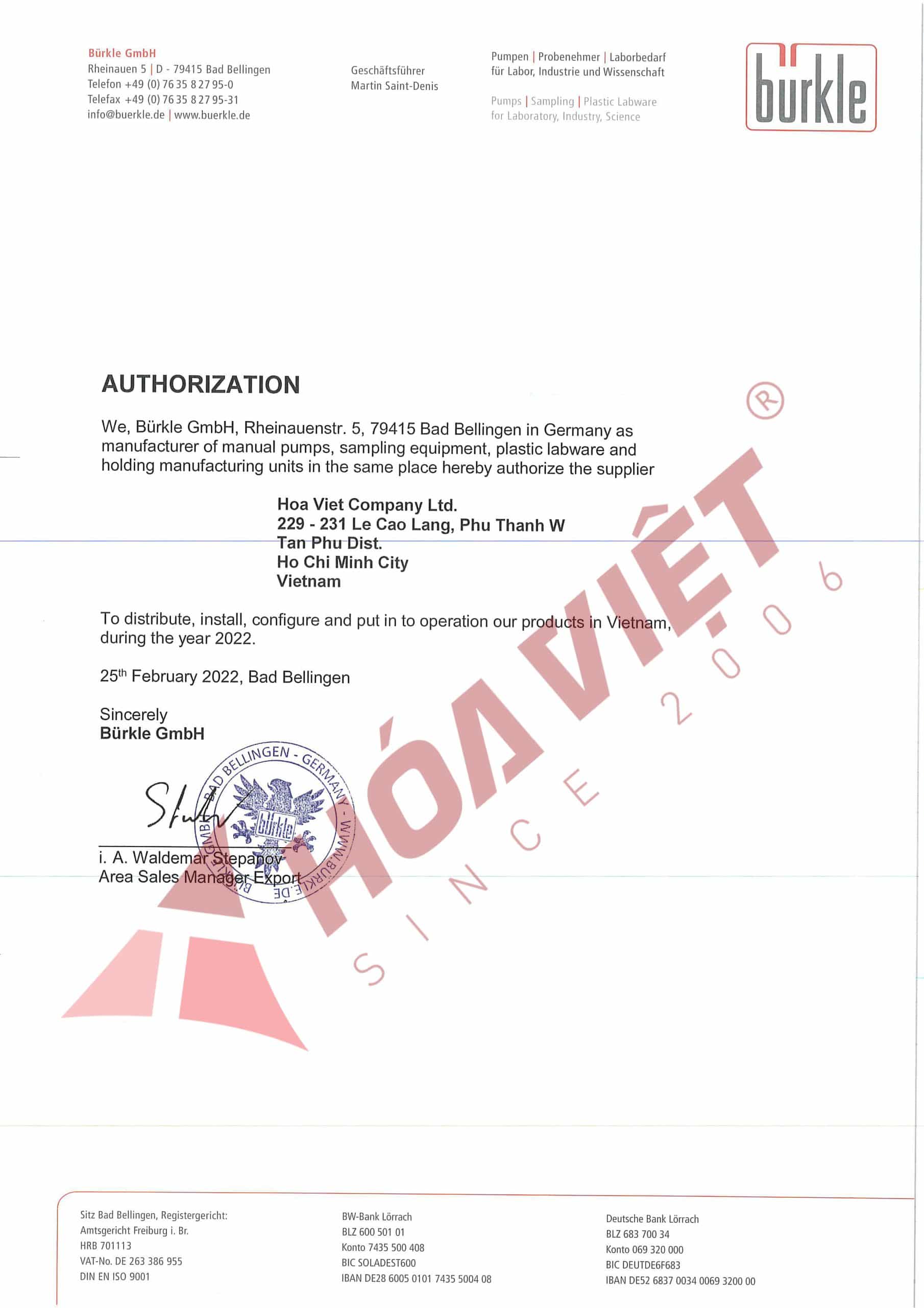 Công ty TNHH Hóa Việt là đại lý chính thức của Burkle tại Việt Nam