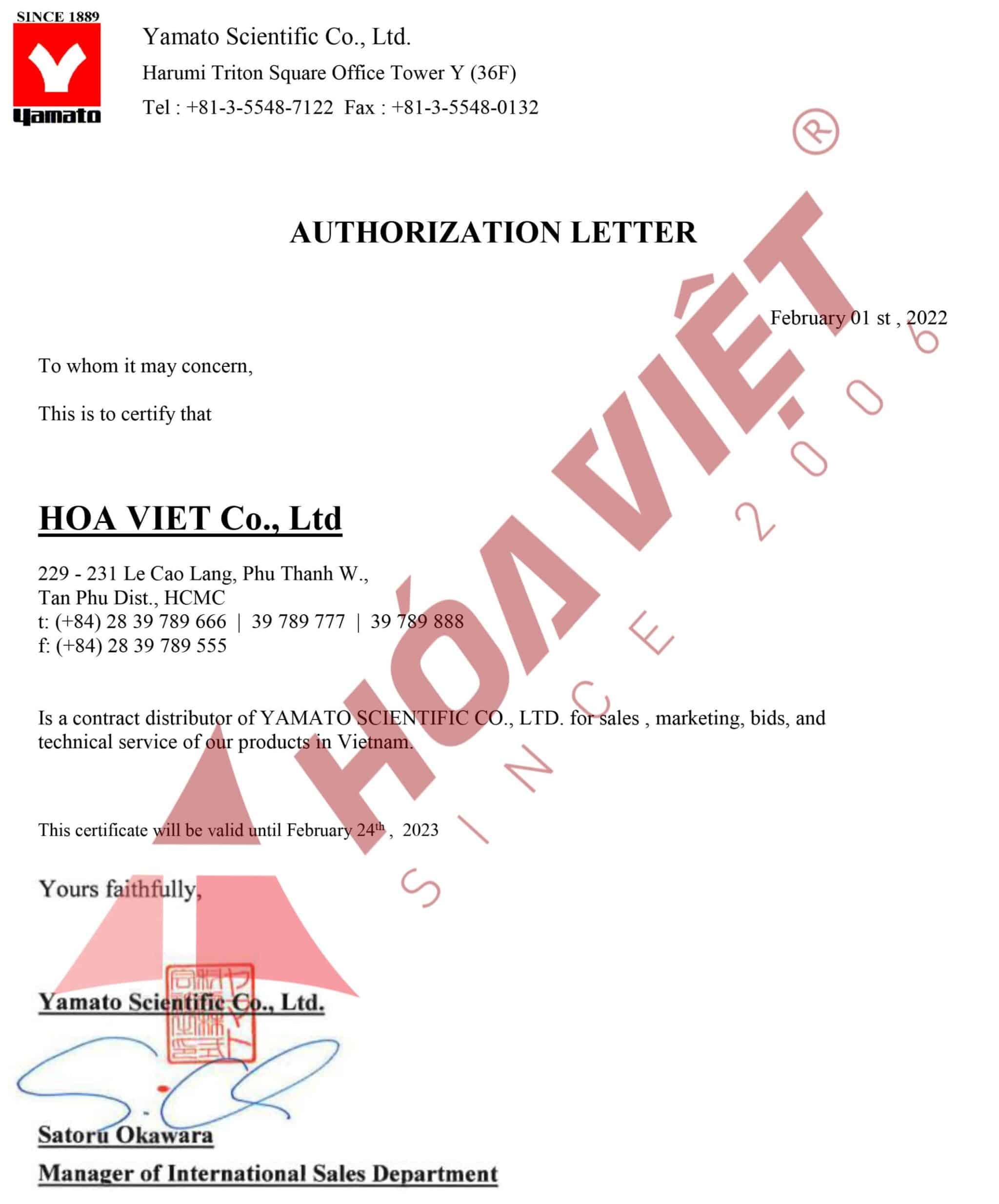 Công ty TNHH Hóa Việt là đại lý chính thức của Yamato Scientific tại Việt Nam